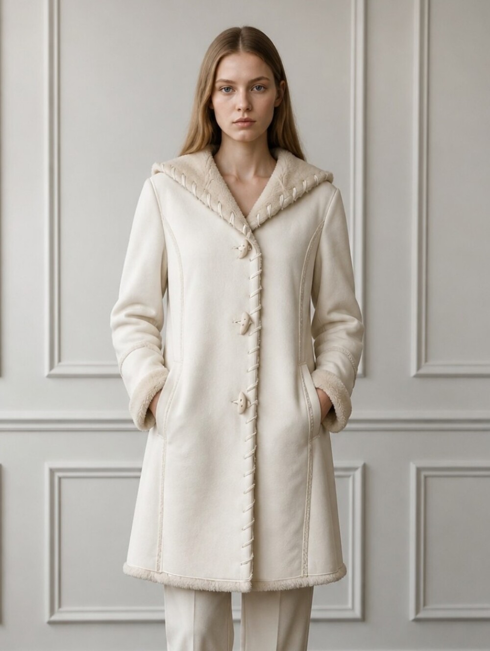 Charter Club Cream Hooded Toggle Robe Coat with Shearling Trim